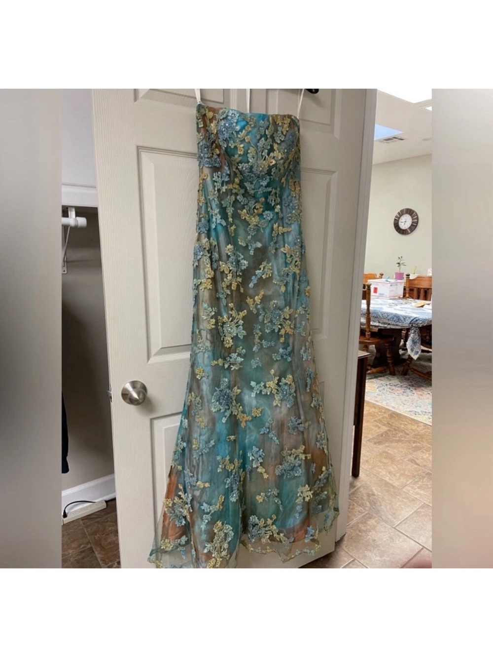 Jovani Aqua Blue and Copper Floral Appliqué Strapless Gown